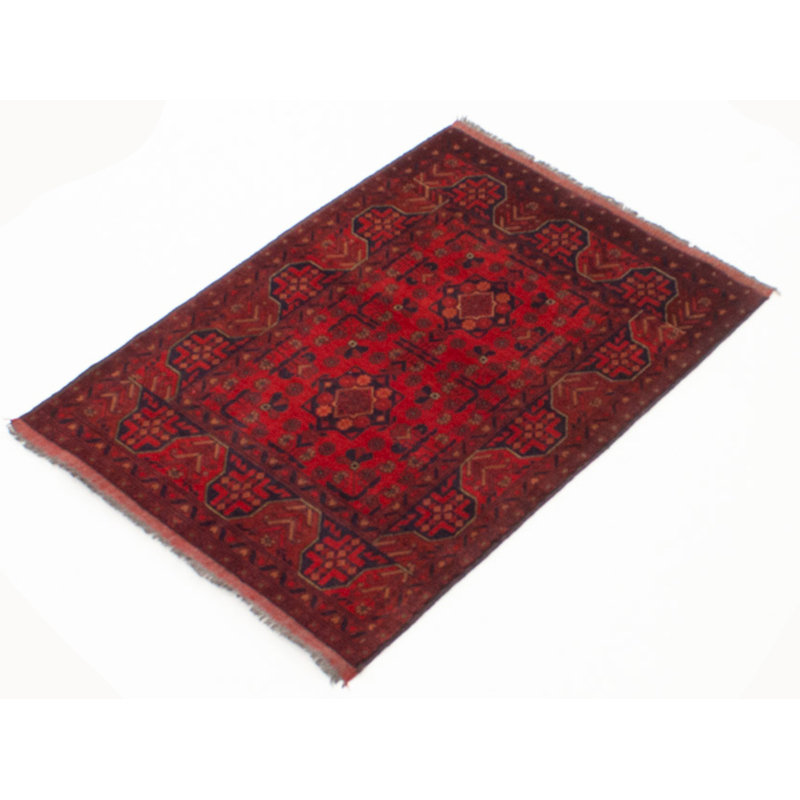 Tapis rouge / noir en laine noué à la main de conception unique 3 pi 5 po x 4 pi 11 po Folashade