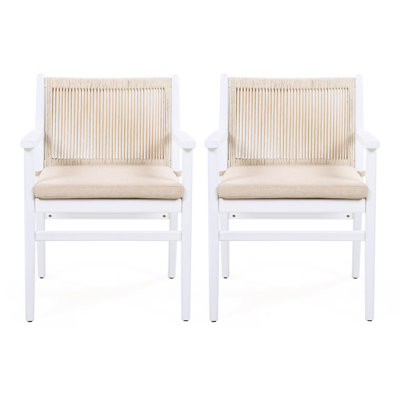 Outdoor Patio Chair Of 2, Wood With Rope Design Back, Waterproof Cushion, 400Lbs Weight Support, Machine - Washable Cushion Fixation, Comfortable Ergonomic Design, Adapt To Balcony