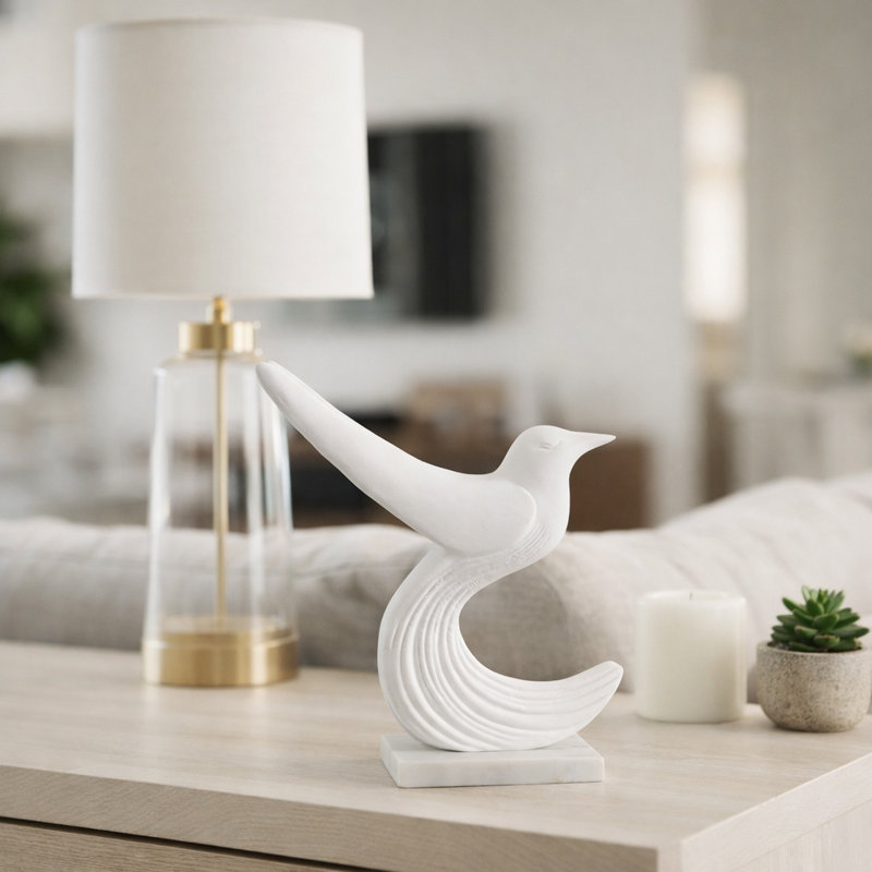 Statue d'oiseau Ecomix inspirée de la galerie avec base en marbre pour décor de salon - Décoration sculpturale pour tablette ou décoration intérieure - 11 po, blanc