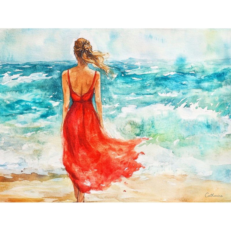 Scarlet Shoreline - femme gracieuse au bord de l'océan