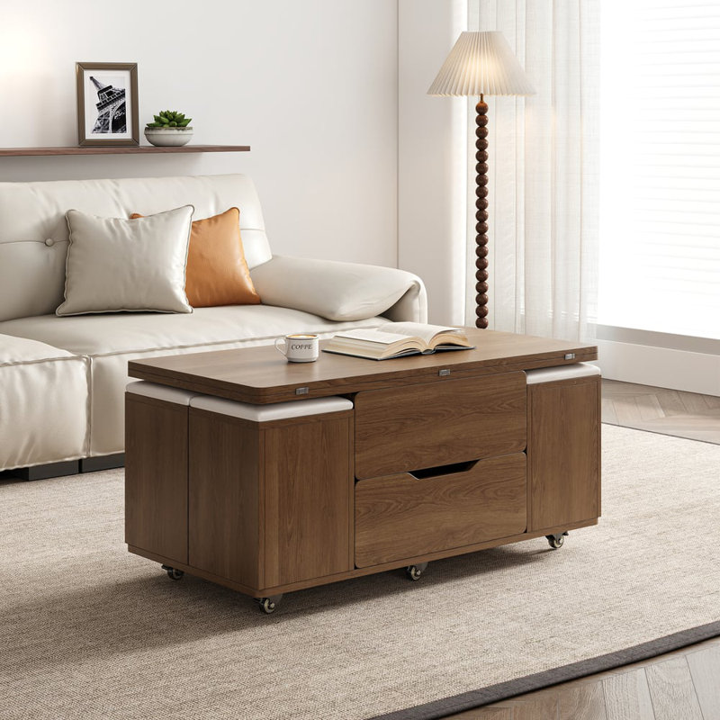39" Lift-Top Foldable Coffee Table With 4 Stools & Storage, Brown Wood, Brown Wood