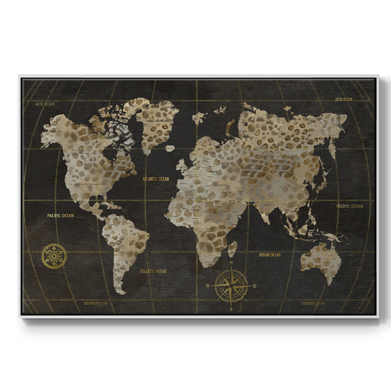 Safari World Map, reproduction d'art sur toile, H 25 po x l 37 po x P 2 po, Cadre blanc
