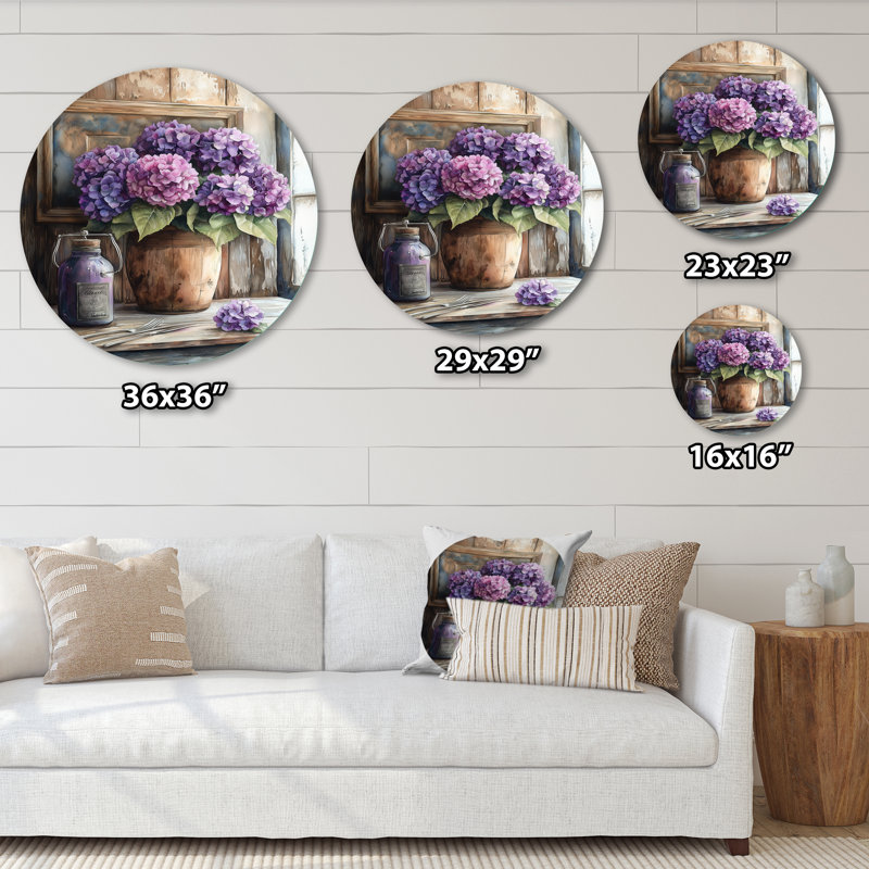«Hydrangeas Bouquet On The Farm Table I», reproduction d'art traditionnelle mauve en métal, H 23 po x l 23 po