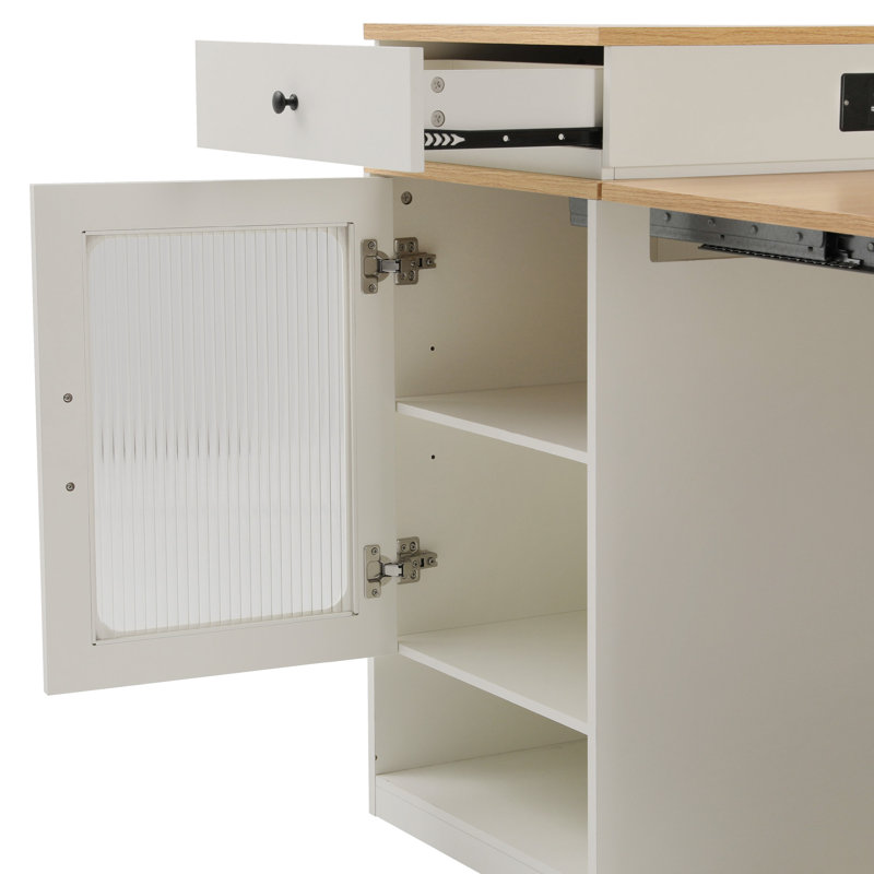 Îlot de cuisine 59,5 po avec table de salle à manger extensible, table de rangement de cuisine avec rangement double face, îlot de cuisine avec 2 tiroirs, prise de courant, tablettes latérales ouvertes, pour la cuisine, la salle à manger