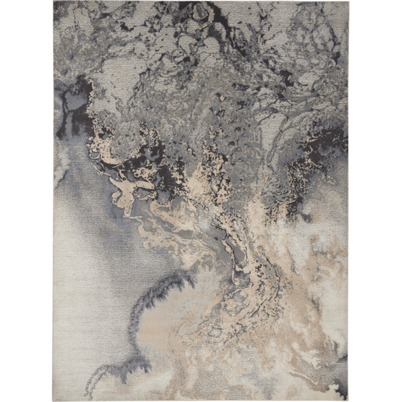 Tapis abstrait noir et ivoire 9 pi x 13 pi