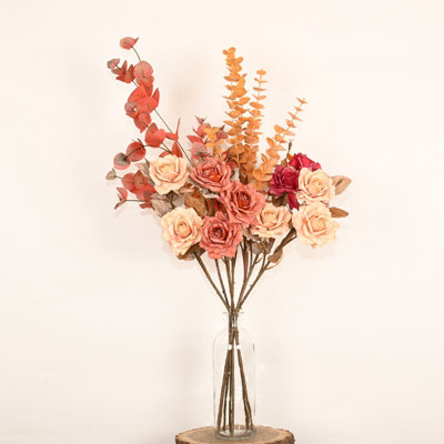 32" Artificial Rose Floral Arrangement In Faux Water Vase, Farmhouse Eucalyptus With Long Stem Fall Sprays Faux Flowers For Dining Table Centerpieces Indoor Decoration