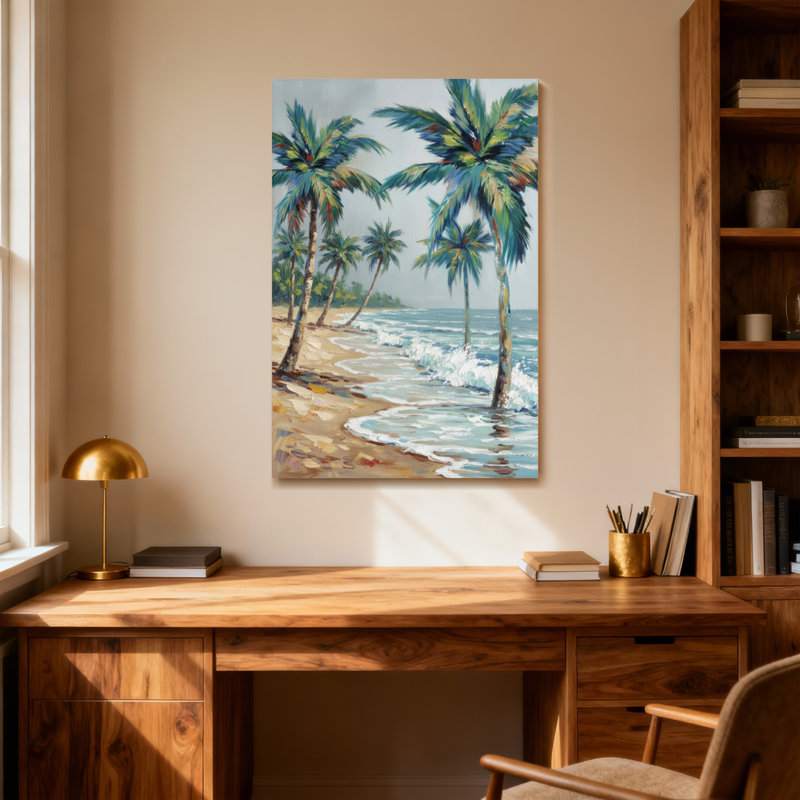 Plantes et fleurs, plage tropicale, palmiers, vagues de l'océan, ciel de sable, H 40 po x l 28 po