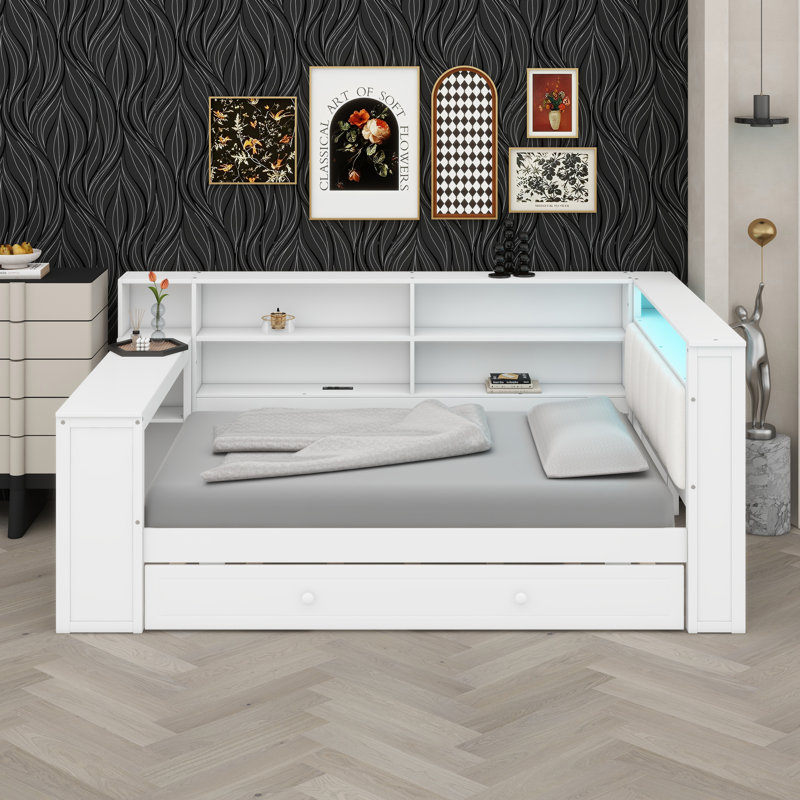 Platform Bed With Storage Shelves, Trundle, Beige/White