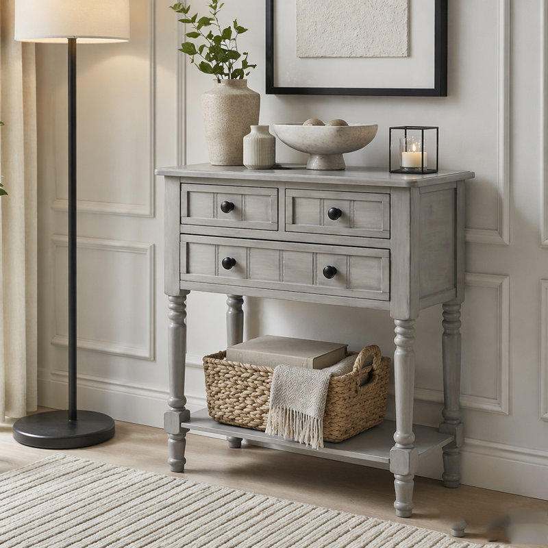 Console étroite avec trois tiroirs de rangement et une tablette inférieure, Grey Wash
