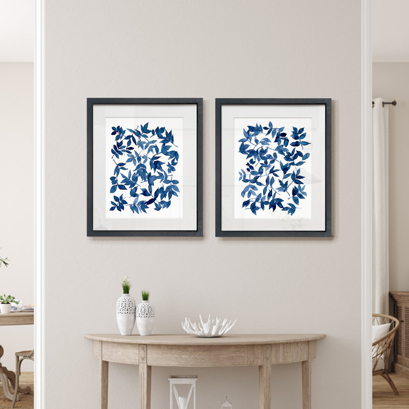 Feuilles mortes Indigo-ensemble de 2 reproductions d’art sur papier encadrée