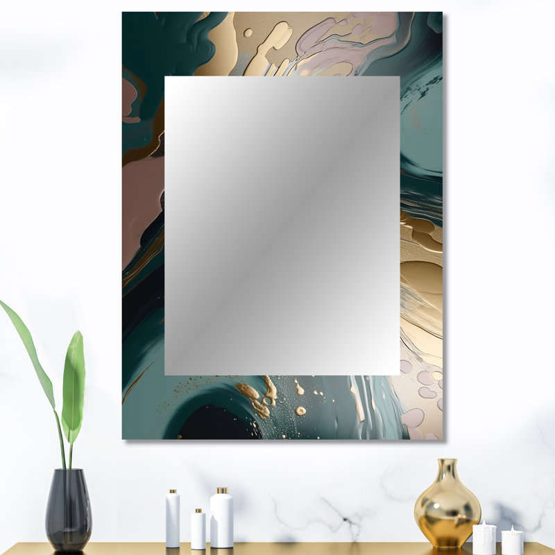 Harmonie de marbre abstrait doré et vert tourbillonnant III - miroir décoratif en marbre, miroir mural moderne, impression d'art en métal