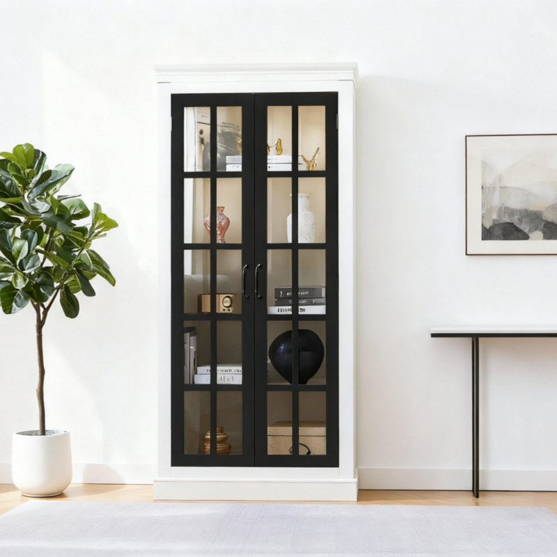 Vitrine de style rustique 71,2 po avec portes en verre - blanc et noir, Noir