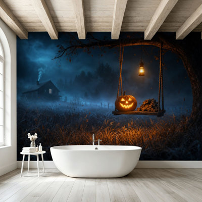 Peler et coller le papier peint mural, nuit d'Halloween, lanterne brillante, arbre, balançoire, chalet effrayant, art mural, auto-adhésif et amovible