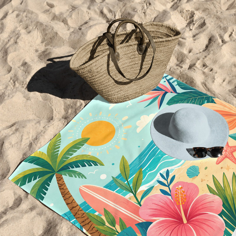 1PCS Tropical Beach Towel with Hibiscus and Palm Tree Design, Perfect for, Pool, Travel