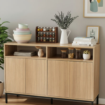 Natural Wood Farmhouse Style, 4-Door Sideboard, Coffee Bar With Recessed Design, Adjustable Shelves, Kitchen And Living Room Storage Control Panel.