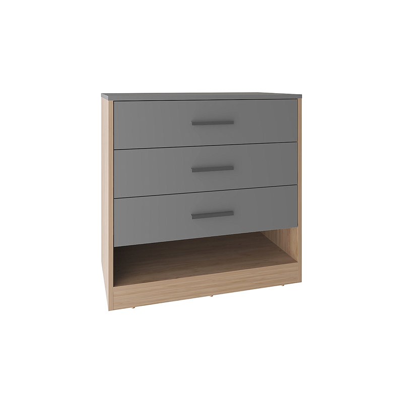 Commode à trois tiroirs de 27 po de hauteur et tablette ouverte, Gris / naturel