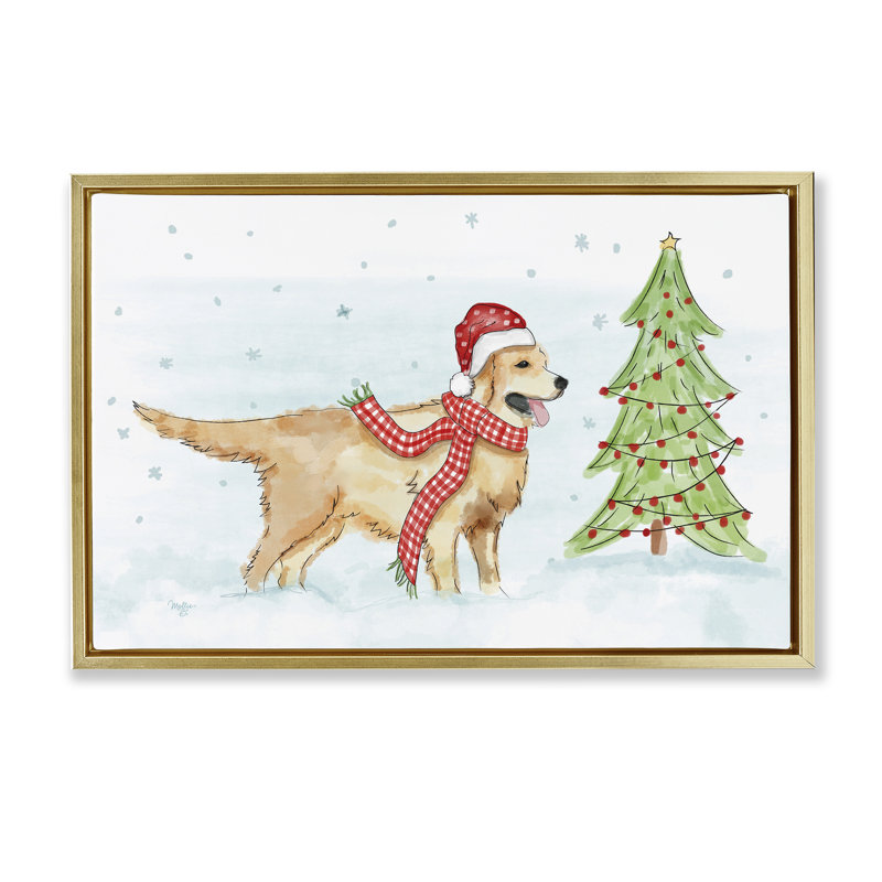 «Snowy Labrador Scene» par Mollie B., Cadre flottant métallique doré, H 21 po x l 31 po