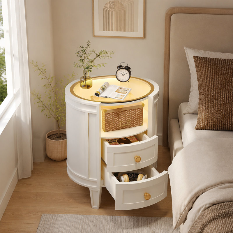 Table de chevet 2 tiroirs avec lumière DEL, table d'appoint moderne avec plateau en verre