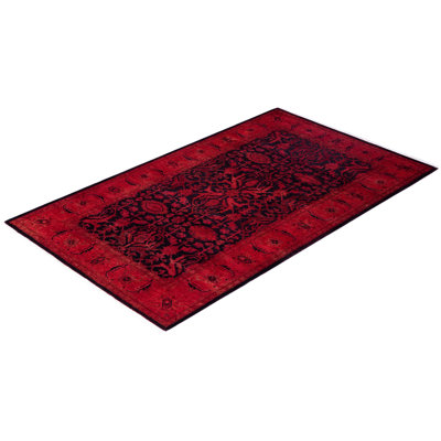 Tapis rouge contemporain en laine noué à la main 3 pi 1 po x 5 pi 6 po Chinn