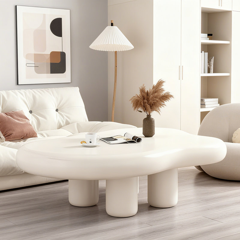 39.4" Modern Italian Cloud Coffee Table, Warm White Solid Wood 4-Leg Accent Table for Indoor & Outdoor Use