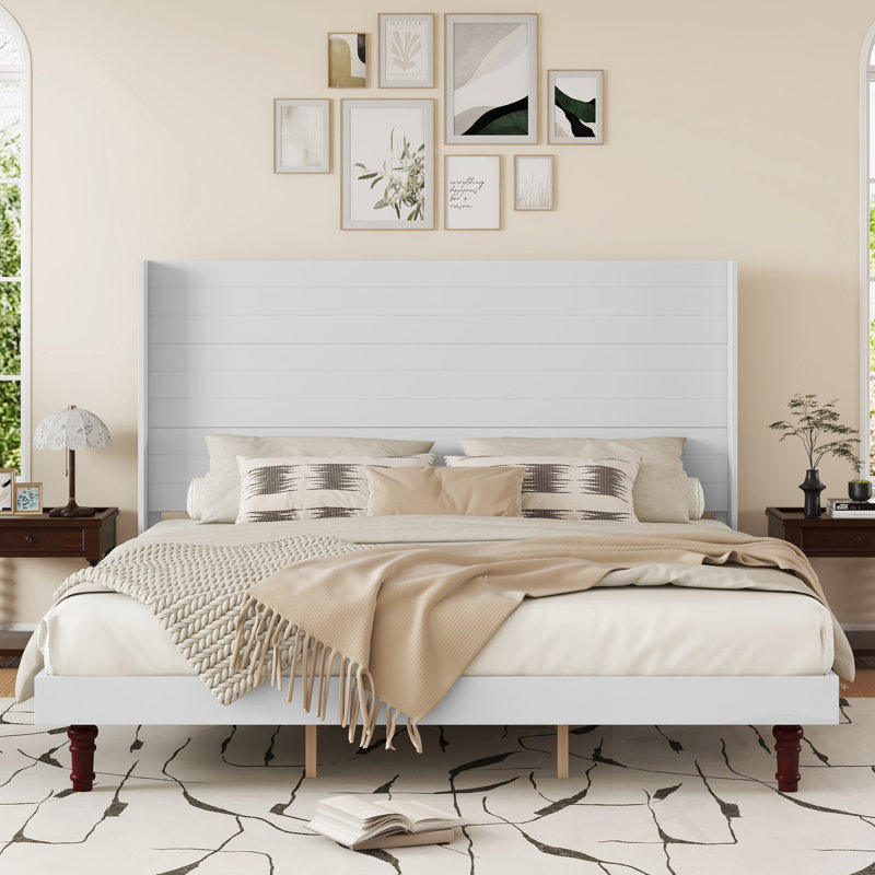 Stylish High Headboard Bed With High Headboard, Comfortable And Elegant For Reading Or Relaxing, White, King
