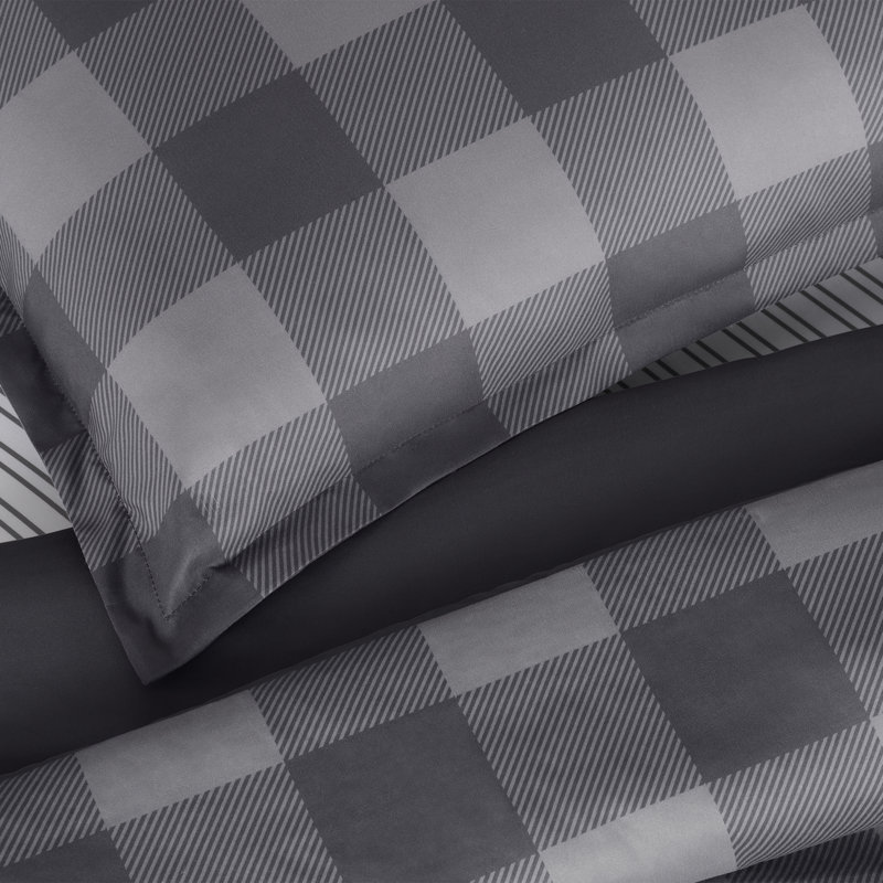 Serta Simply Clean Alex Buffalo Check Plaid Antimicrobial 7-Piece Complete Bedding Set With Sheets, Charcoal, Queen Comforter