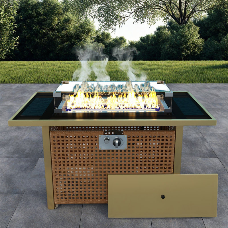 Propane Gas Fire Pit Table With Glass Wind Guard And An Open Basket-wave Patterned Wicker, Orange Yellow