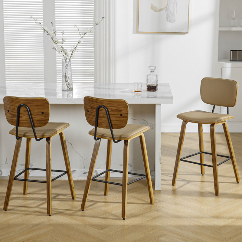 Brown PU Leather Upholstered Counter Stools with Bent Wood Legs, Set of 2
