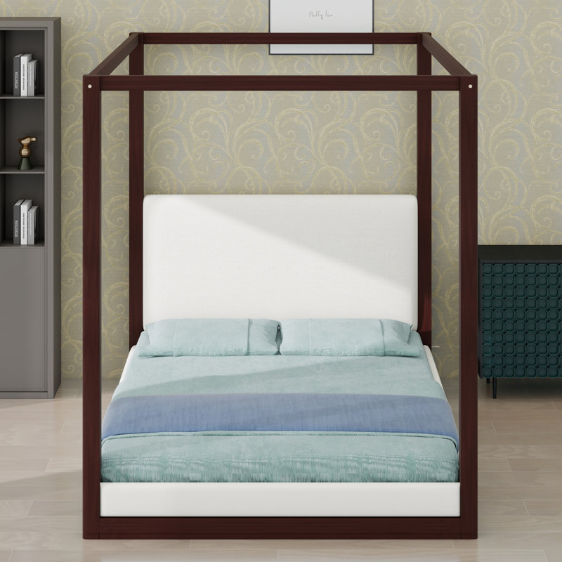 Lit plateforme à baldaquin pour chambre à coucher, tête de lit tapissier, Espresso Frame+White Fabric, Queen