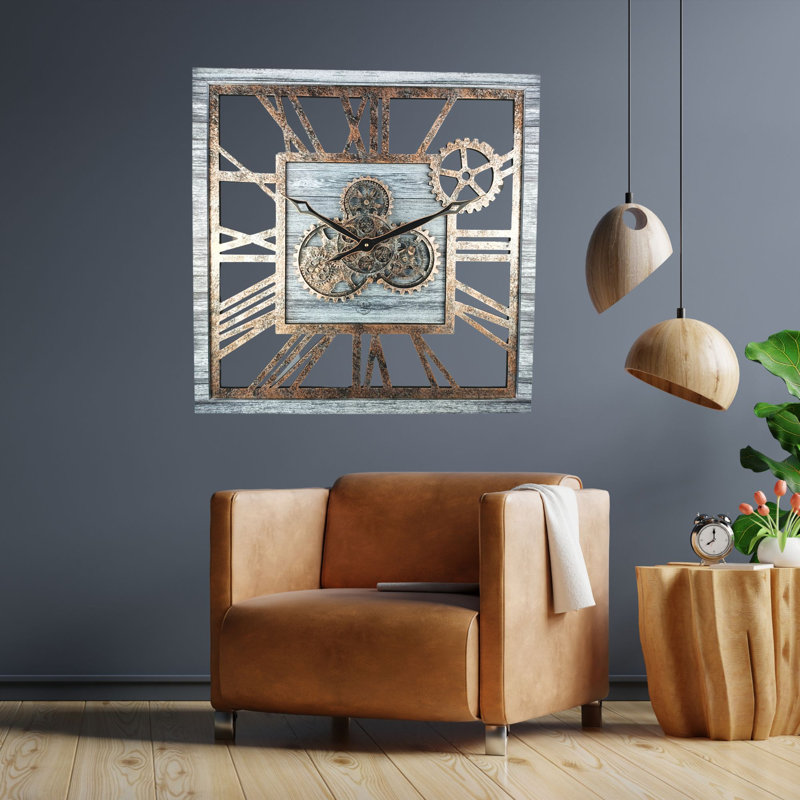Wall Clock 24" Square Oversized for Living Room decor with Real Moving Gears America Collection, Silver