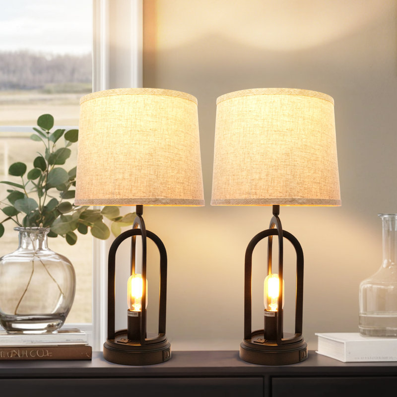 Lampe de table 21 po en lin rétro avec ports USB, Ensemble de 2