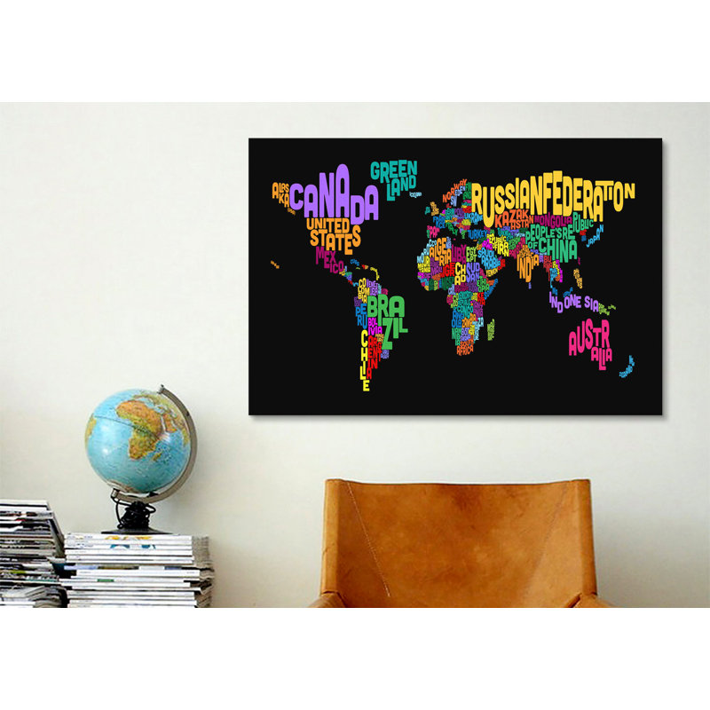 « typographie text world map ii (black) » par michael thompsett, impression sur toile, H 12 po x l 18 po x P 1,5 po
