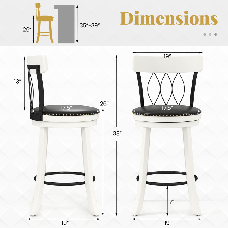 Ensemble de 2 tabourets de bar 26 po avec cadre en bois d'hévéa et rivets capitonnés, 2