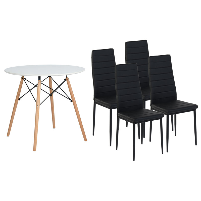 Ensemble de table de salle à manger 5 pièces, table de salle à manger ronde avec 4 chaises en similicuir, Blanc / Blanc