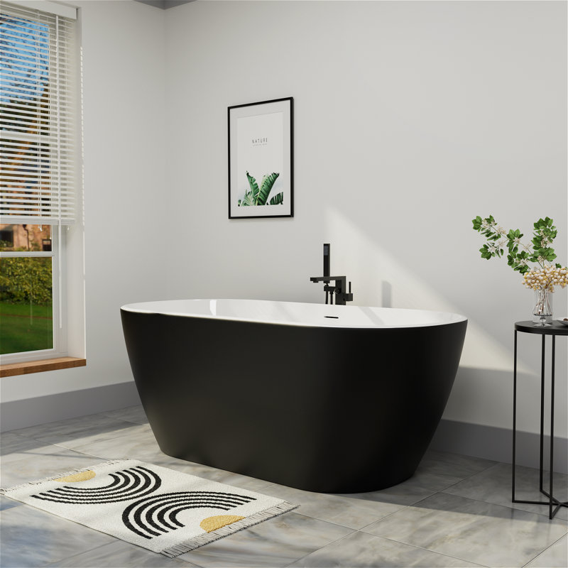 Baignoire de trempage autoportante L 59 po x l 29 po avec drain chromé double, Noir