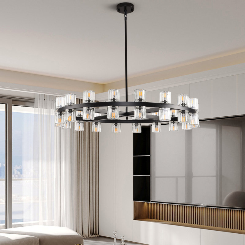 36"/48"/60" Dimmable Round Crystal Cup Large Chandelier, Matte Black, 96" H x 36" W x 36" D