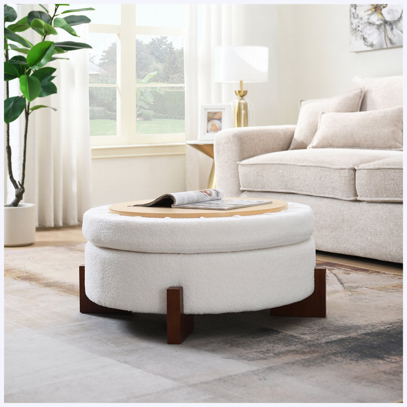 Pouf de rangement rond en tissu crème Teddy de 84 cm (33 po), repose-pieds et assise rembourrée en mousse, pieds en bois de noyer, tabouret moderne pour salon, chambre ou entrée.