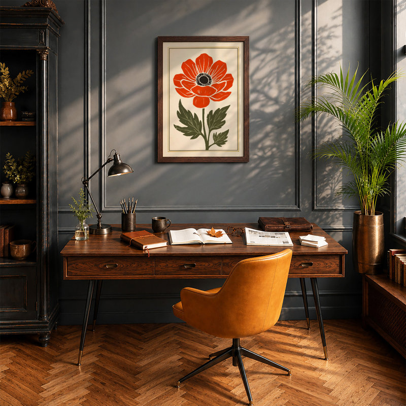 Red Poppy Botanical - Framed Print, A2 - 59.4 x 42.0 cm, Walnut