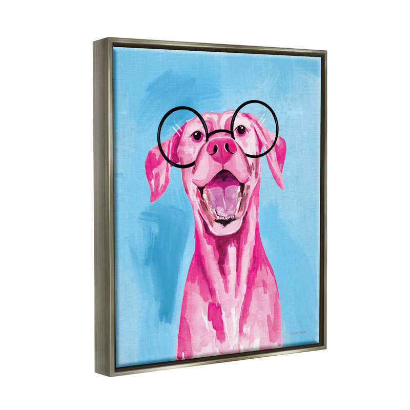 " Pink & Blue Happy Dog " by Rachel Nieman Painting Print, 21" H x 17" W x 1.7" D, Lustre Grey Floater Frame