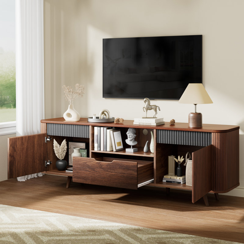 Modern Wood Tv Stand With Power Outlet,Storage And Shelves To Fit Up To 65" Tvs