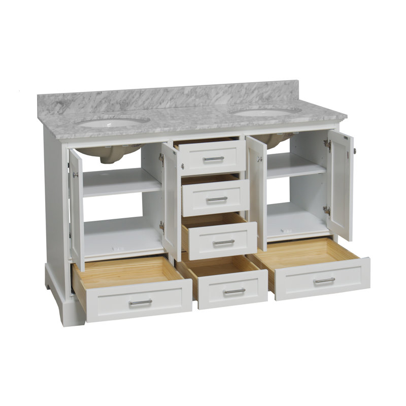 Ensemble de meuble-lavabo double 60 po Larosa, Blanc, Marbre de Carrare