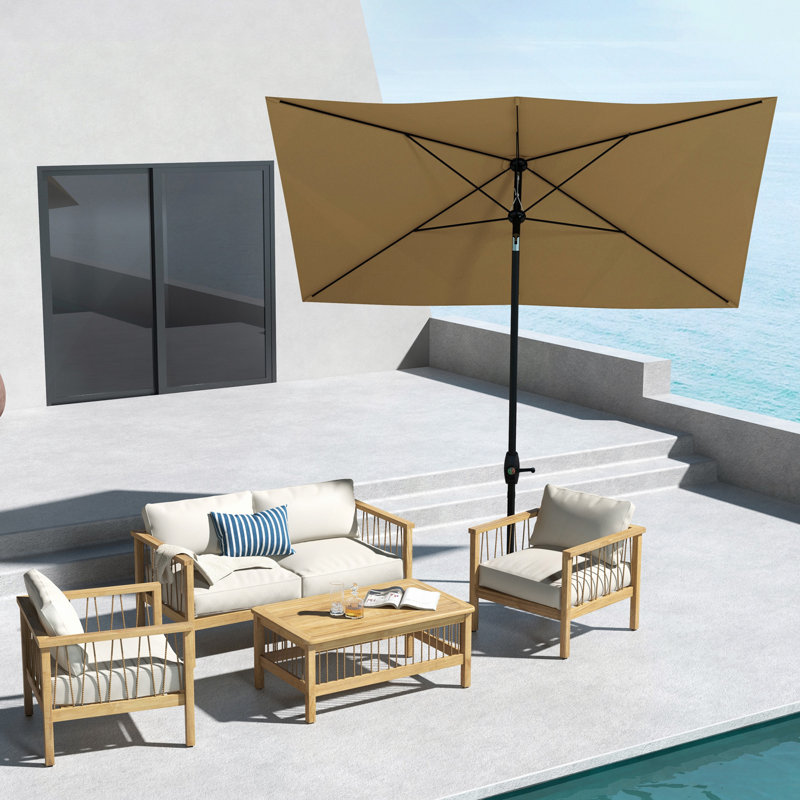 Parasol de table rectangulaire d'extérieur 6,5 'x 10' avec manivelle et bouton poussoir inclinable, Café
