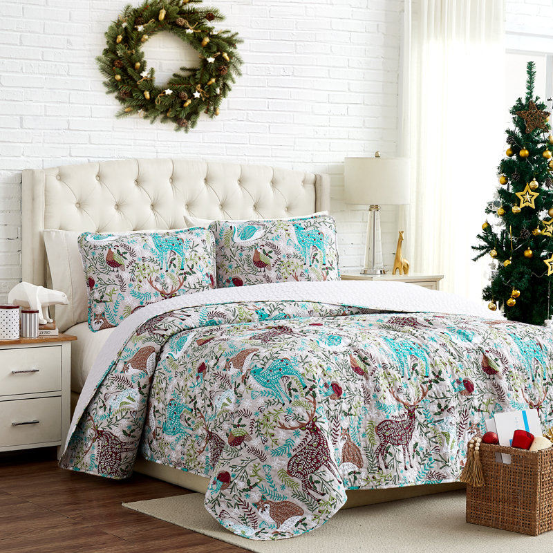 Ensemble de courtepointe réversible Christmas Woodland - gris / menthe / prune, Courtepointe simple et 1 taie décorative