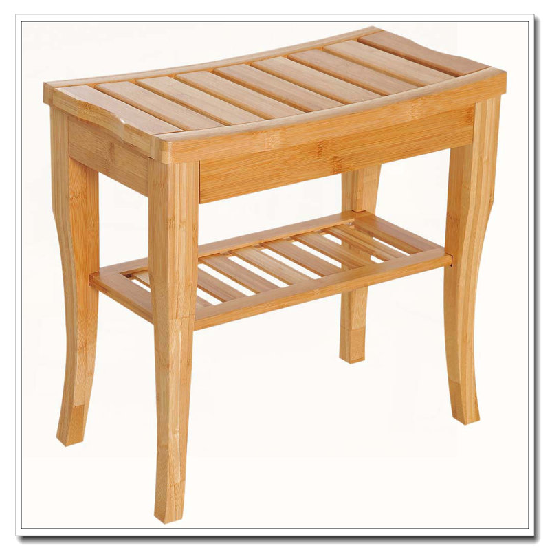 Long banc de douche en bambou avec tablette de rangement