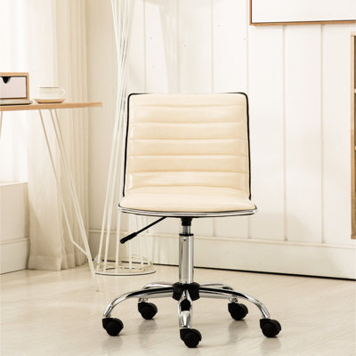 Fauteuil à dossier moyen beige en similicuir, rotation à 360 degrés, 5 roulettes, hauteur réglable de l'assise avec bureau pivotant et réglage en douceur