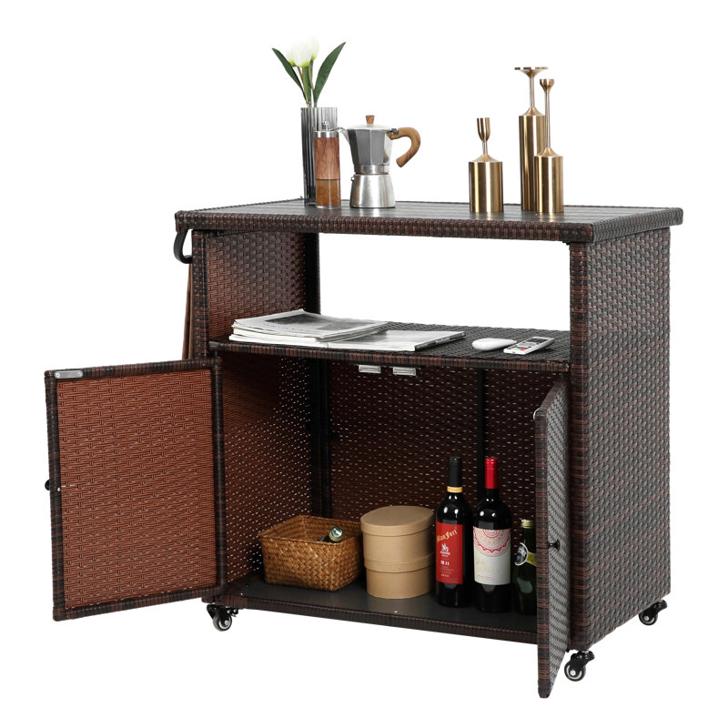 Outdoor Bar Table with Storage Cabinet Patio Serving Carts on Wheels Wicker Grill Cart Prep Station Rolling Kitchen Island for Outside Backyard and Patio