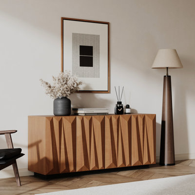 60'' Mid Century Sideboard With 3D Triangular Panels, 4 Doors, 2 Shelves, Rich Walnut For Home Styling Pattern Natural Decorating