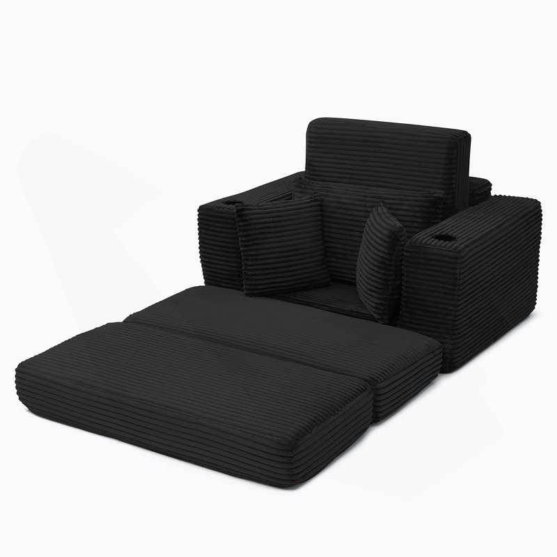 Méridienne rembourrée de 52,4 po de style méridienne en osier surdimensionné et confortable 3-en-1 pour la lecture, le salon et la chambre à coucher, canapé en velours côtelé, noir