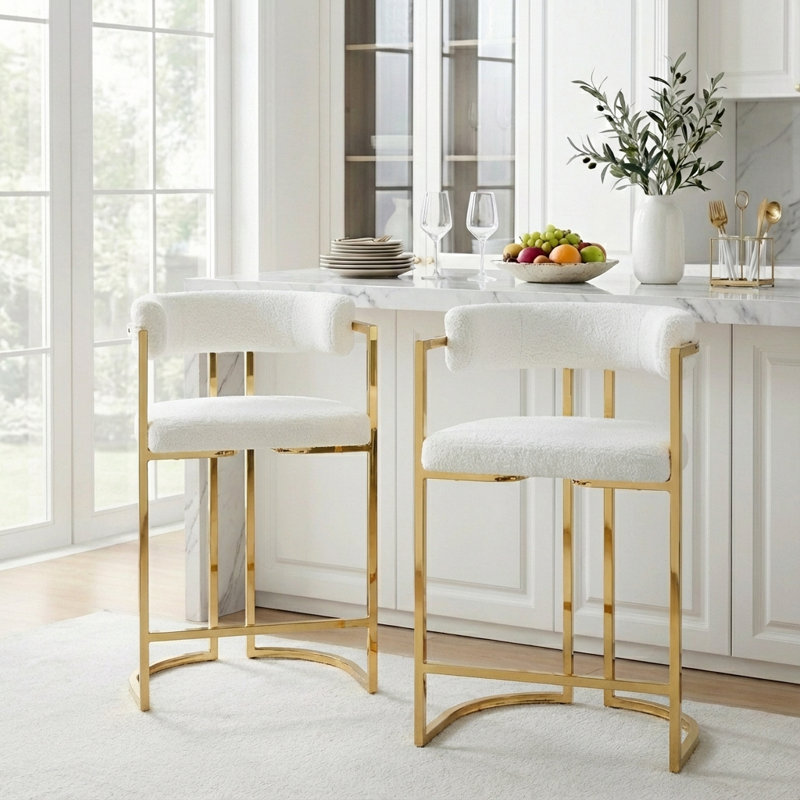 Kojno Modern Upholstered Stool, Counter Stool (26" Seat Height), Beige Seat/Gold Frame