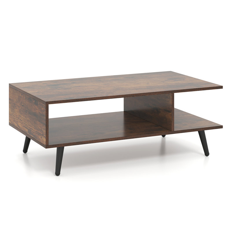 2-Tier Coffee Table w/ Compartments & Metal Legs Rectangle Tea Cocktail Table, Brown